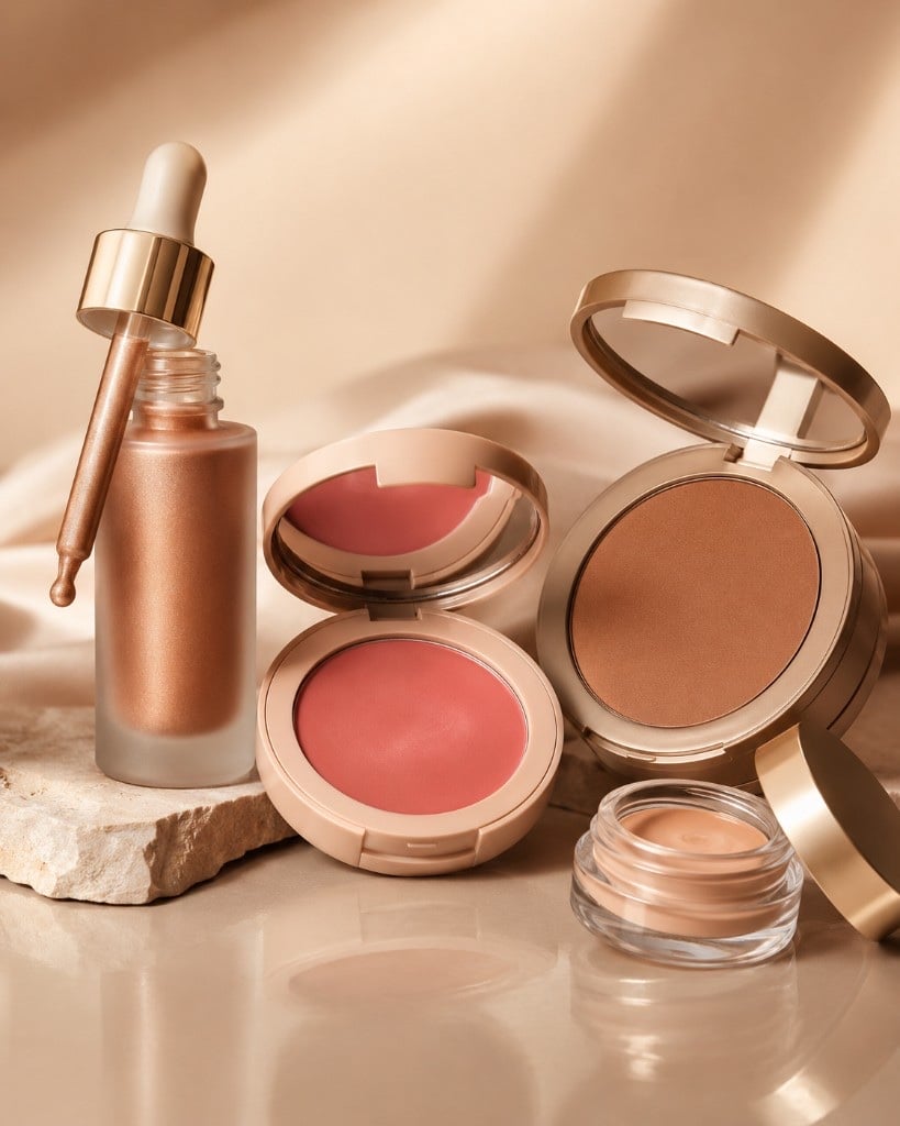 Makeup products flat lay